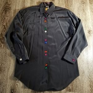 Vintage 80s Judy Knapp Bejeweled Silk-like Black Glam Shirt Size Small